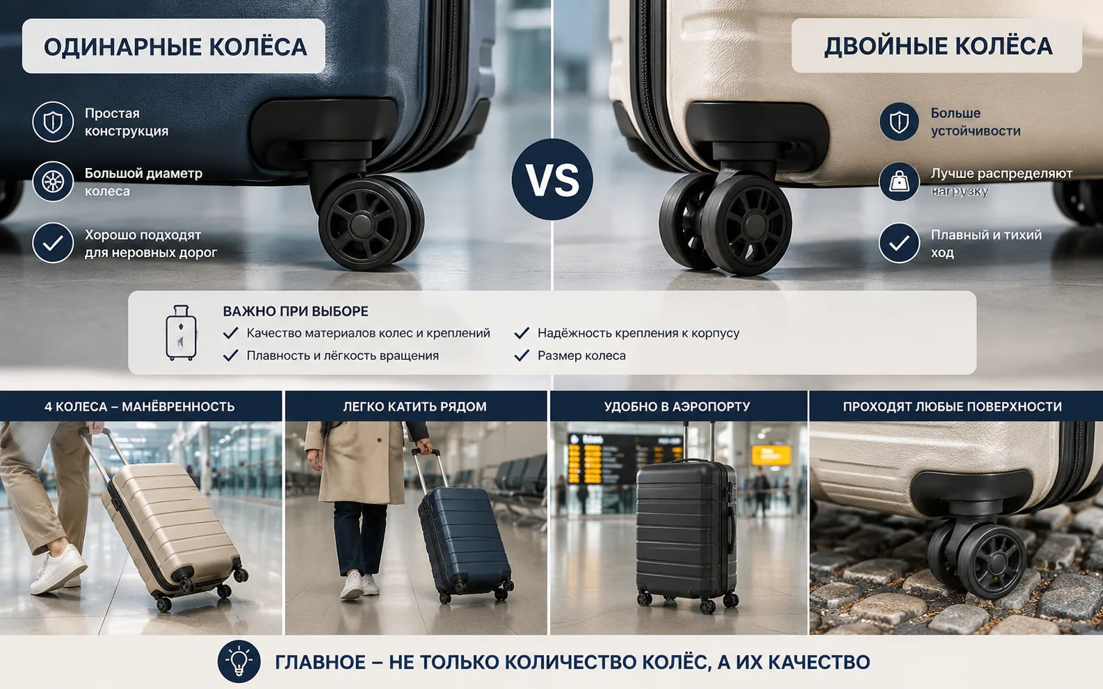Какие колёса лучше для чемодана: двойные или одинарные?