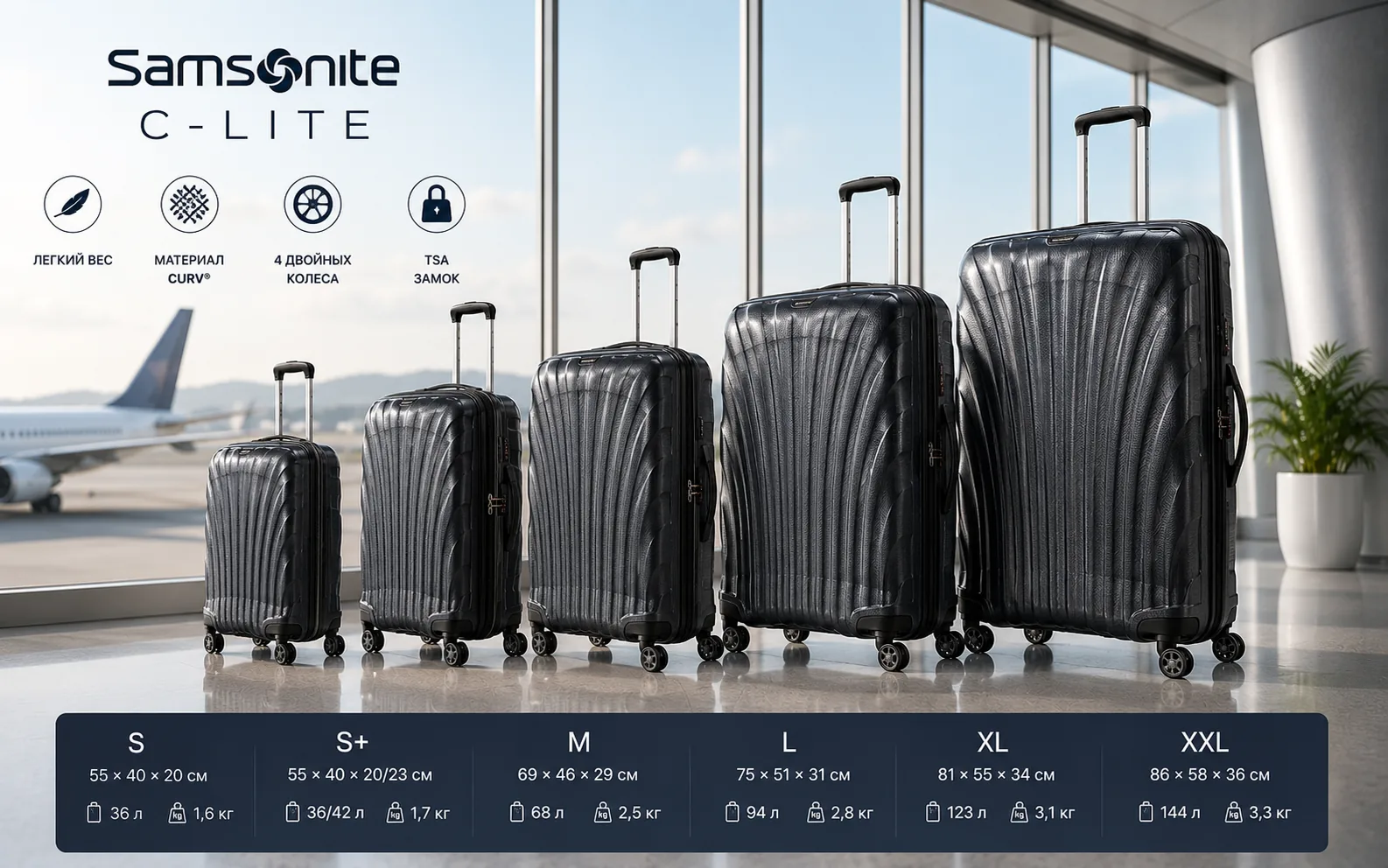 Samsonite C-Lite: обзор чемоданов, материал Curv и размеры серии